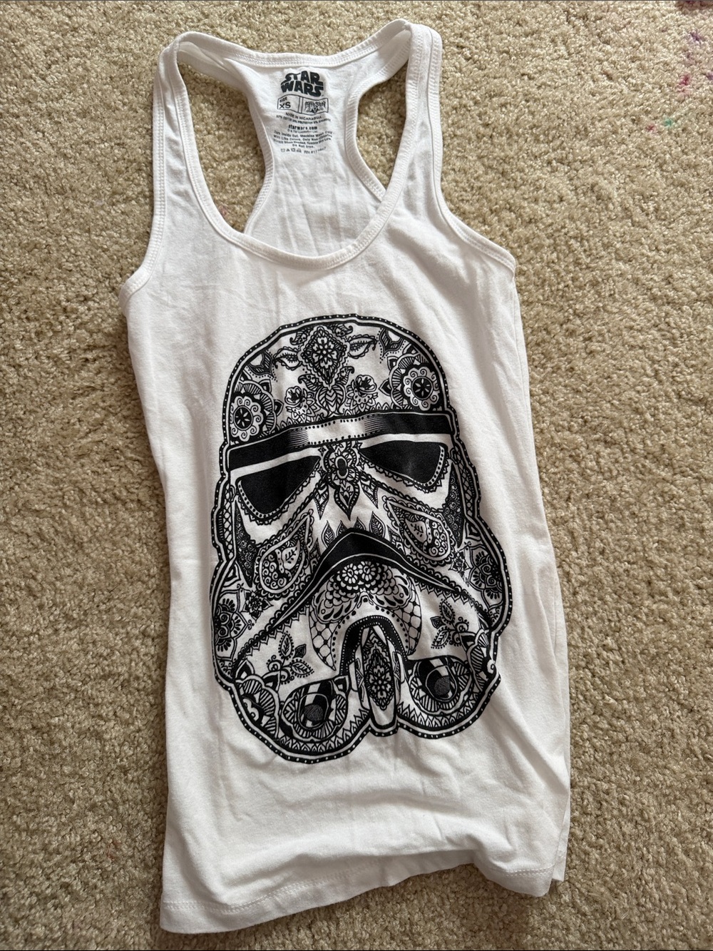 Star Wars White Racerback Tank with Black Ornate Stormtrooper Print